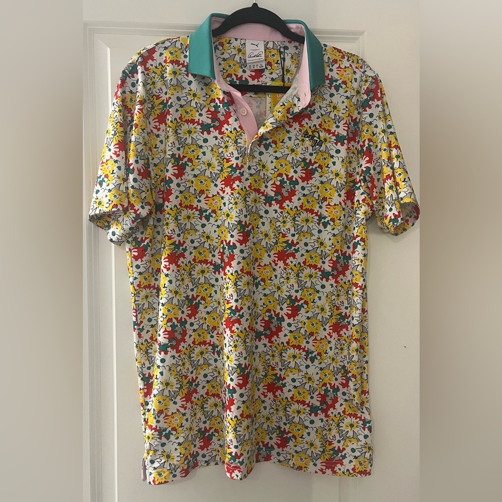 Mens Bay Hill Golf Puma Red and Yellow Polo Shirt Vibrant Floral Design NWT